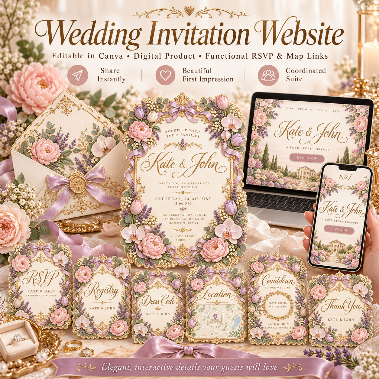 Hero / Cover: Romantic lavender and blush floral wedding interactive invitation website featuring the main invitation, matching cards, envelope, laptop and smartphone mockup in an elegant gold-accented design.