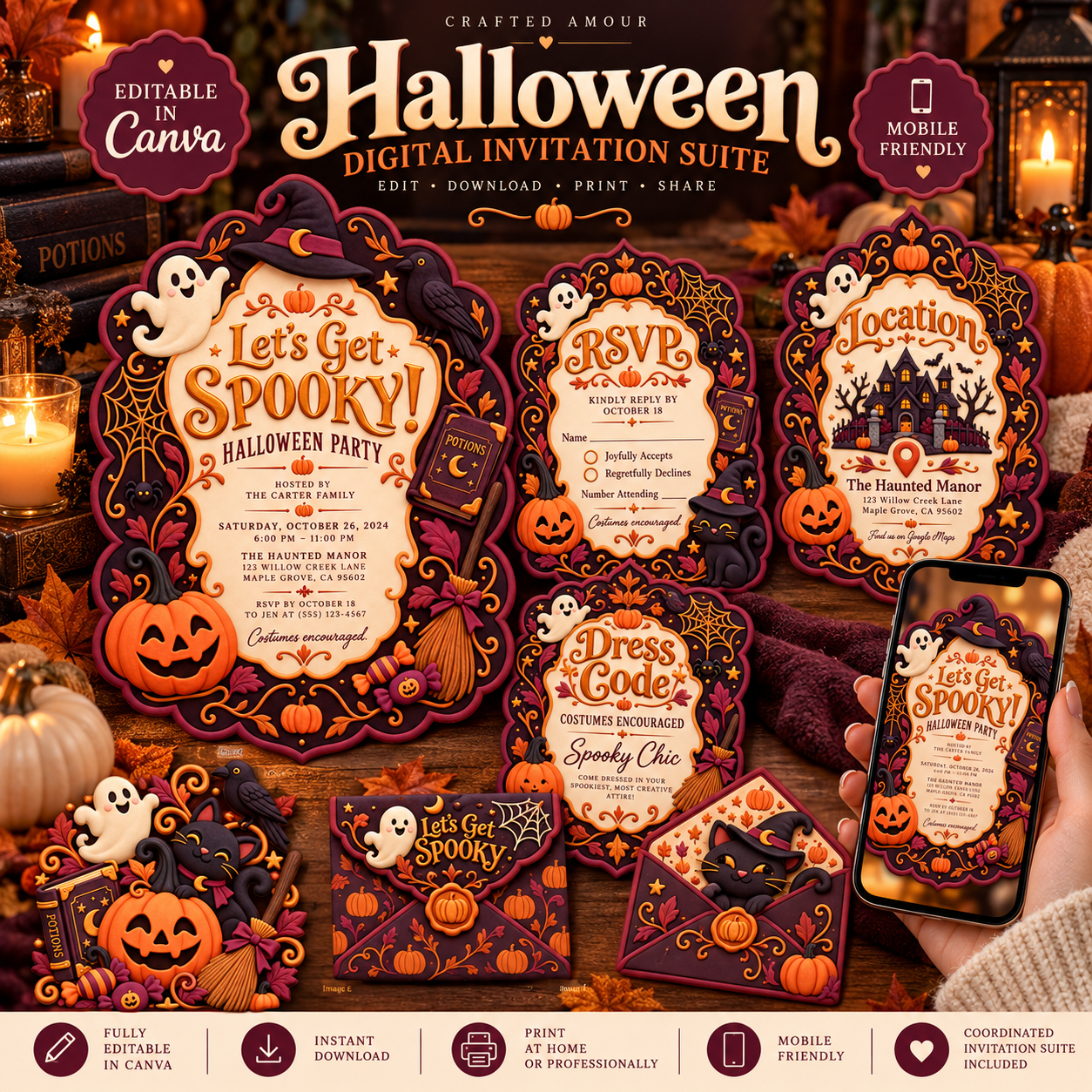 Spooky Chic Halloween digital invitation suite featuring the main invitation, RSVP, location, dress code, matching envelopes, mobile preview, and coordinated autumn Halloween artwork.