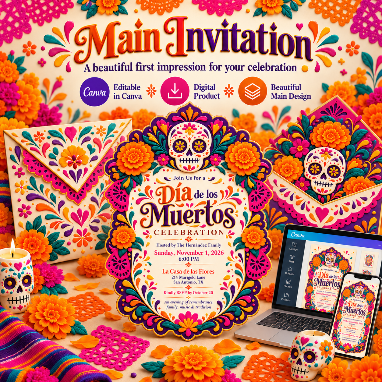 Editable Día de los Muertos celebration invitation featuring a floral sugar skull design, vibrant Mexican folk-art colors, coordinating envelopes, and digital previews.