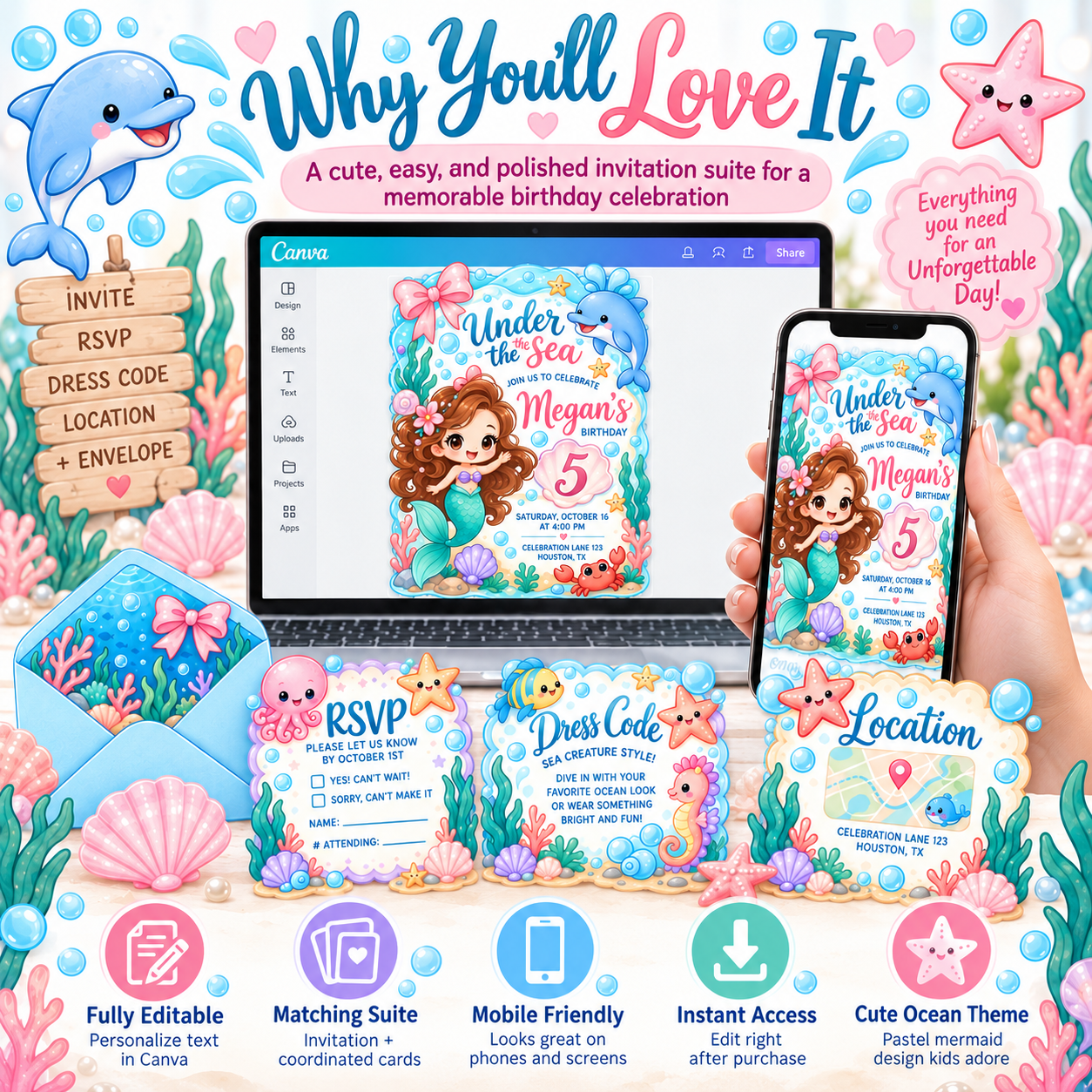 Under the Sea birthday invitation Canva template featuring a coordinated mermaid party suite, mobile-friendly design, instant access and easy digital sharing.
