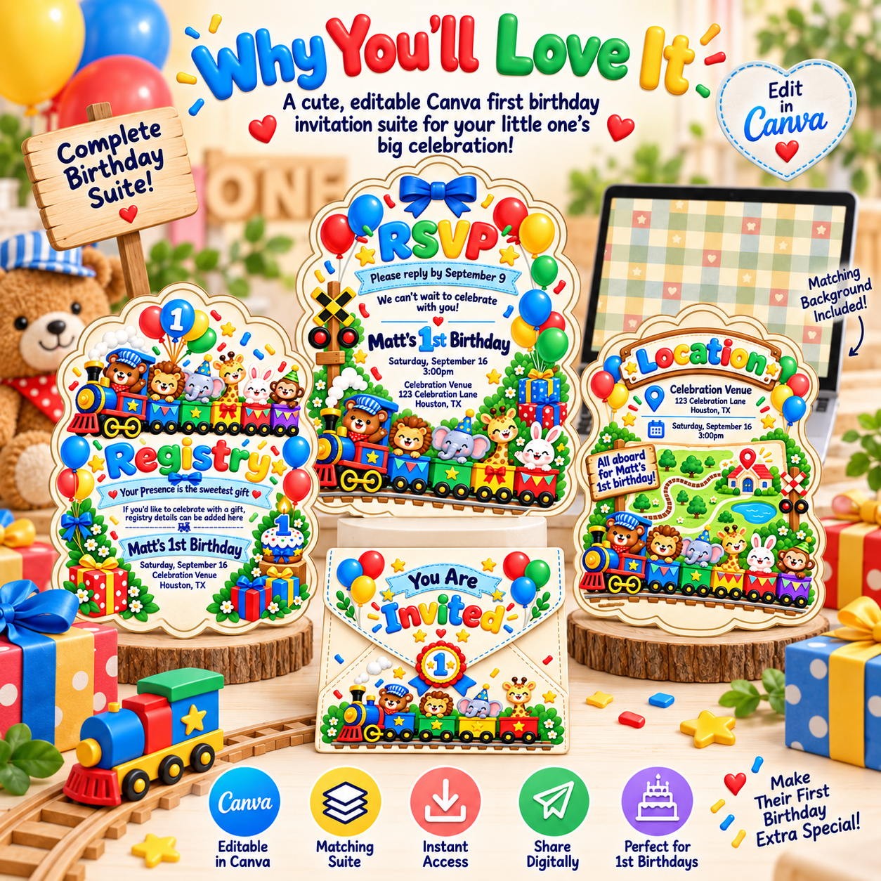 Colorful train first birthday invitation suite with RSVP, registry, location card, matching envelope and editable Canva design for digital sharing.