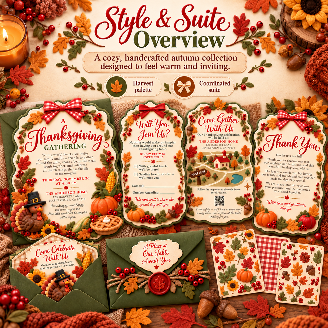 Coordinated Thanksgiving invitation collection in warm harvest colors with autumn leaves, pumpkins, turkey and matching envelopes.
