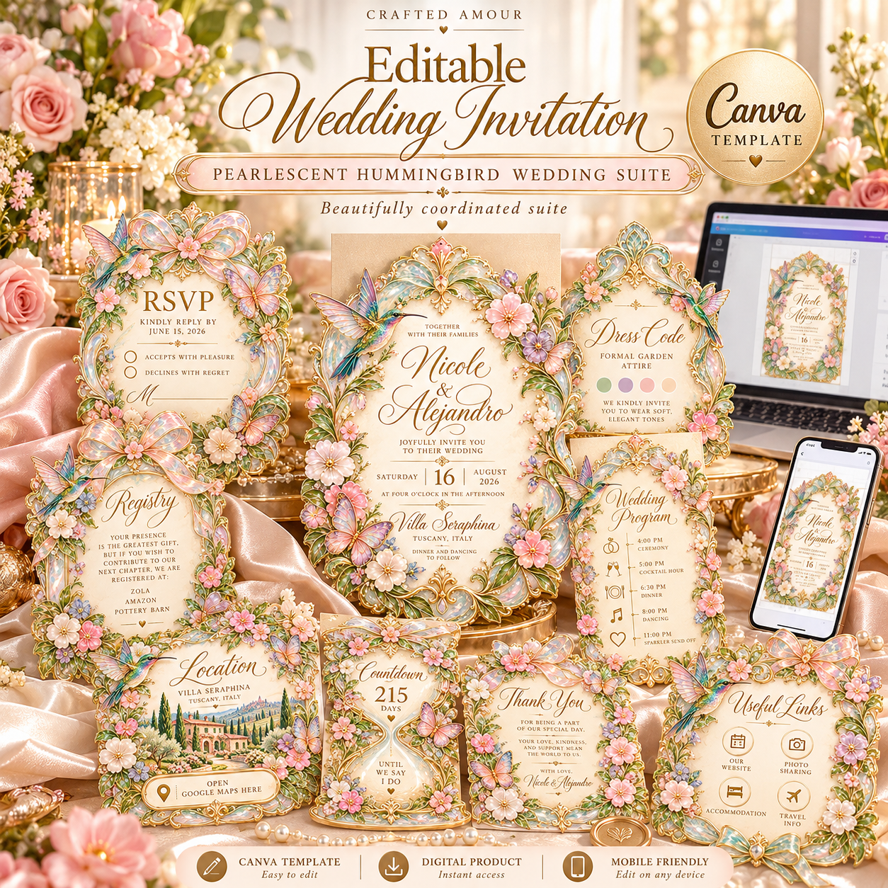 Pearlescent hummingbird wedding invitation suite displayed with matching RSVP, registry, dress code, location, countdown, program, thank-you and useful links cards beside laptop and mobile previews.