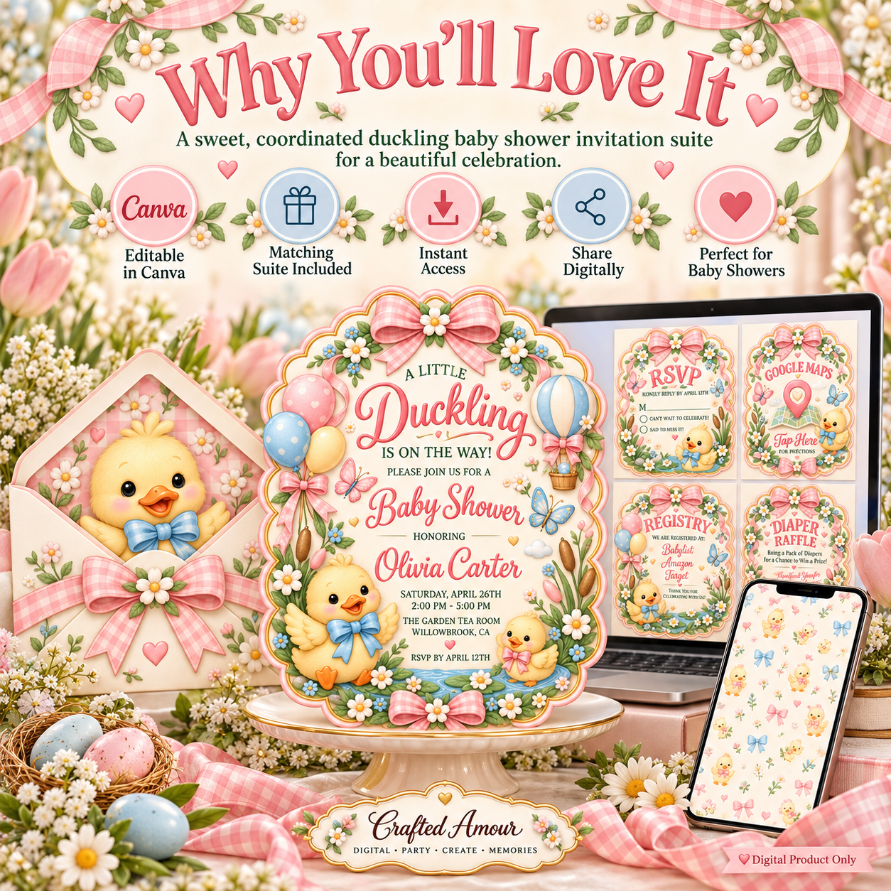 Little Duckling baby shower invitation suite with editable Canva template, matching RSVP, registry, location, diaper raffle cards and coordinated digital design.