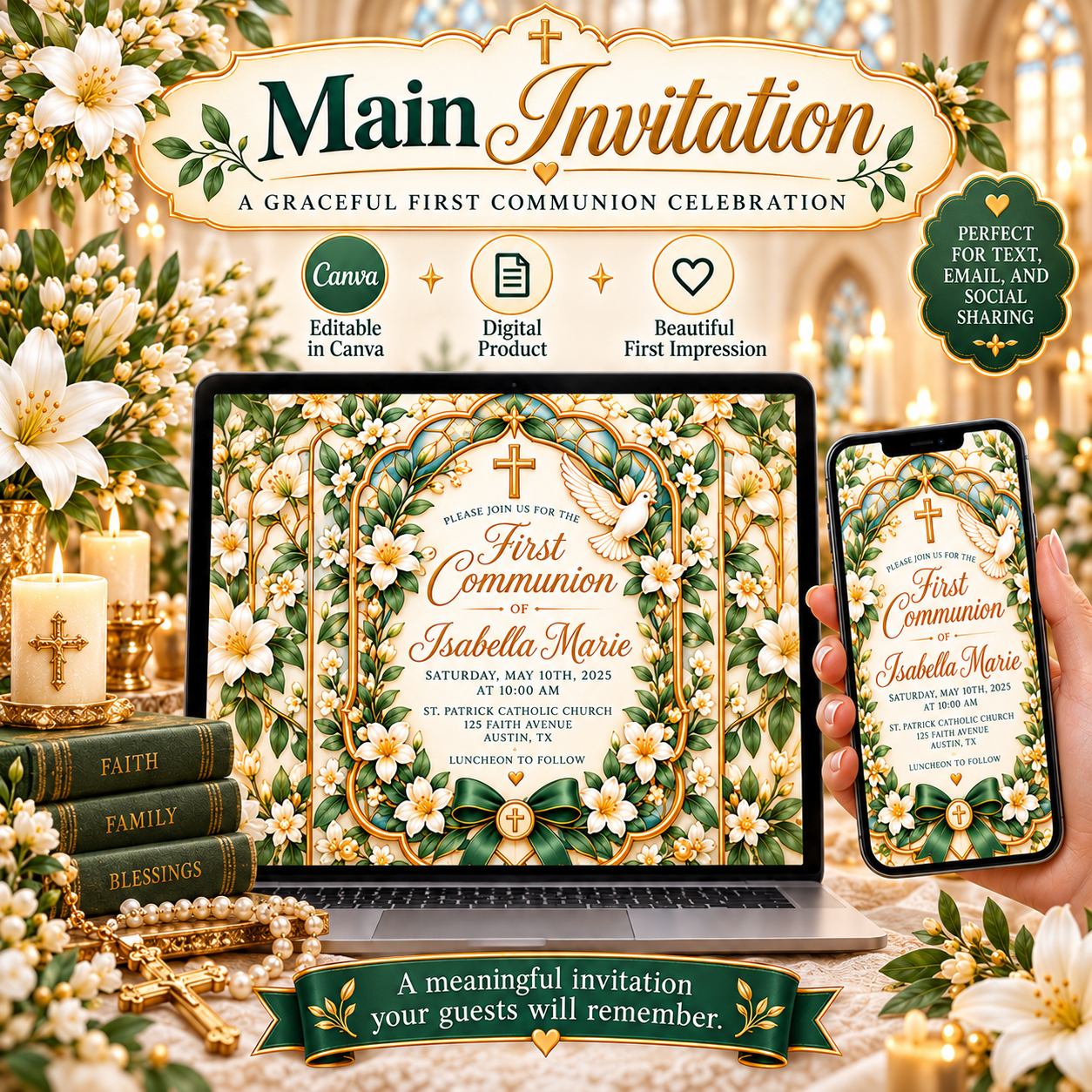First Communion main invitation featuring an elegant neutral design with delicate religious details, displayed as an editable Canva digital invitation for a meaningful celebration.