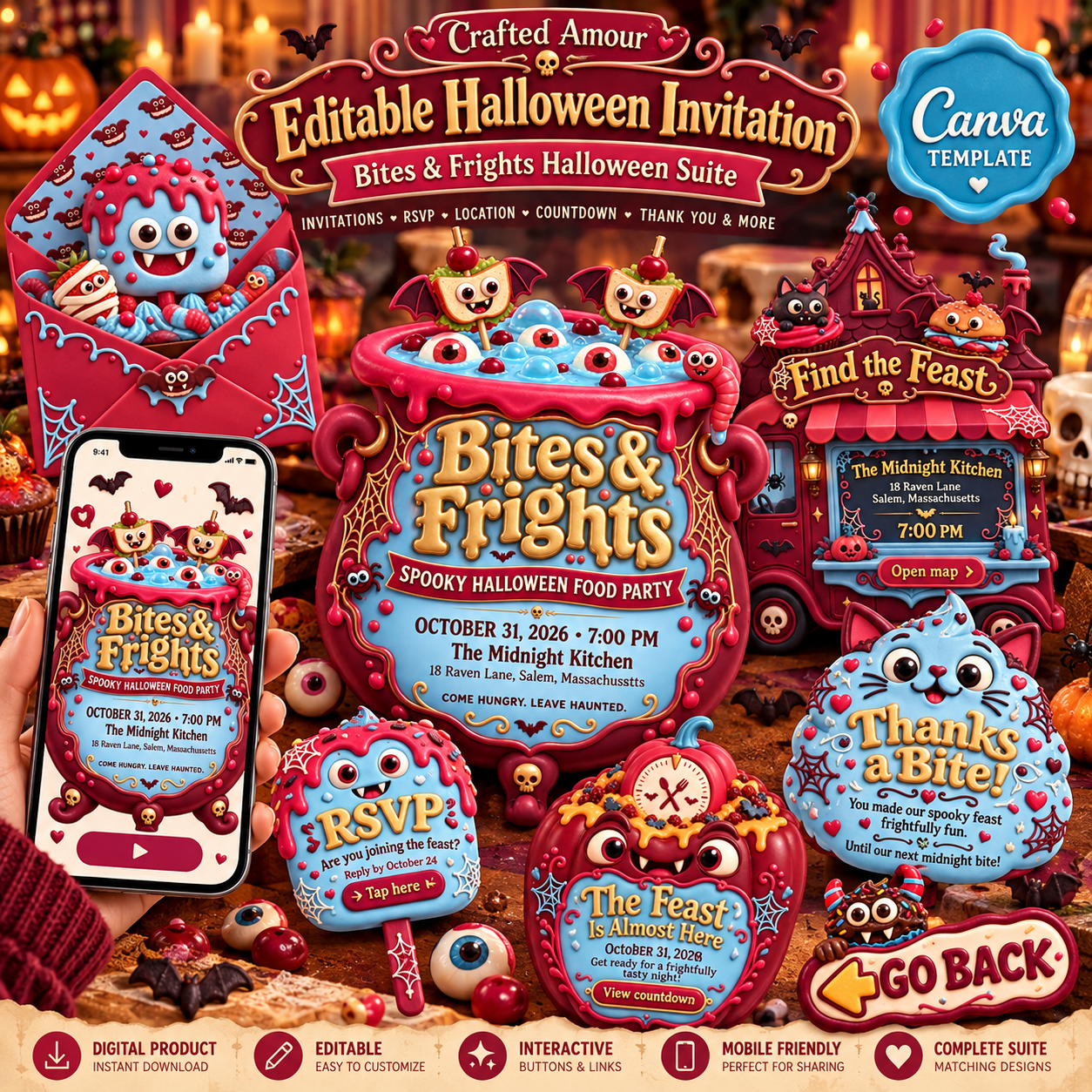 Bites & Frights Halloween digital invitation suite featuring spooky food monsters, RSVP, location, countdown, thank-you cards, matching envelopes, and mobile invitation preview.