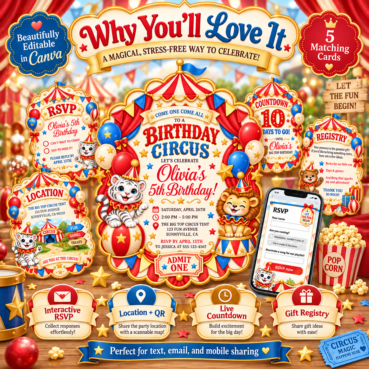 Vintage circus birthday interactive invitation website editable in Canva with RSVP, location link, live countdown, gift registry and mobile mockup