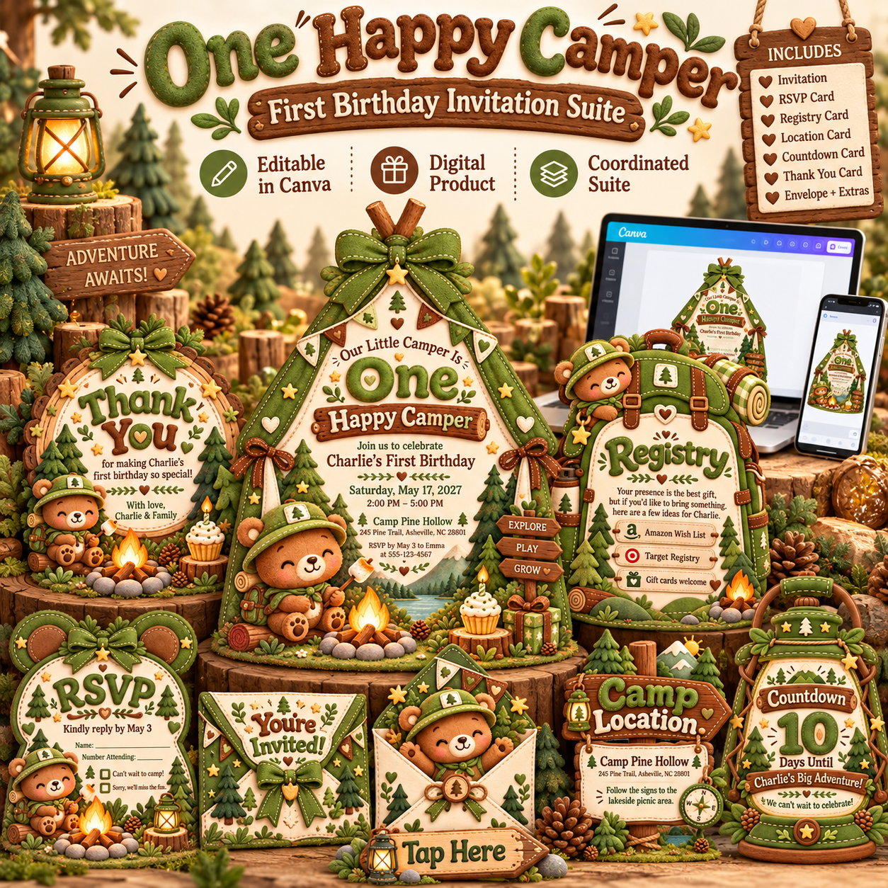 One Happy Camper First Birthday Interactive Invitation Website | Editable Canva Template
