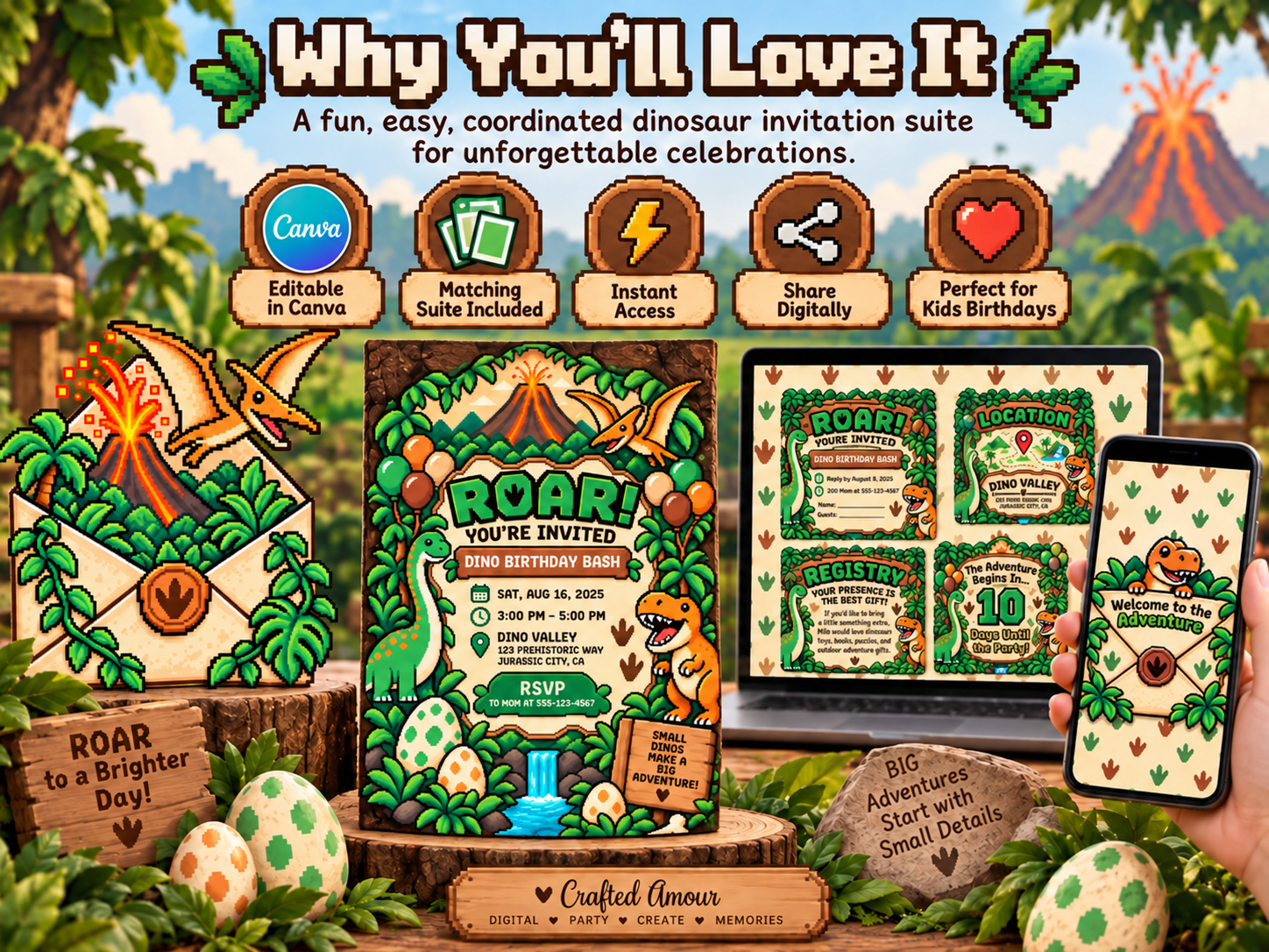 Pixel dinosaur birthday invitation website with editable Canva template, matching suite, instant access, mobile sharing, and colorful jungle party artwork.