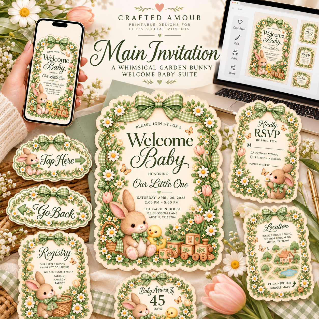 Editable welcome baby invitation featuring a soft garden bunny, baby chick, daisies, tulips, gingham bows, butterflies, and charming nursery-inspired details.